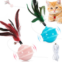 LED Interactive Cat Feather Toy Ball for Bored Indoor Adult Cats Chase Automatic Moving Ball Rechargeable Self Rolling Blue Pink