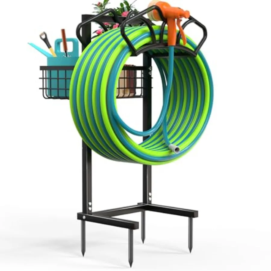 

Upgraded Garden Hose Holder with Large Basket, Heavy Duty Water Hose Holder Supports 160-ft Hoses, Freestanding Detachable Hose