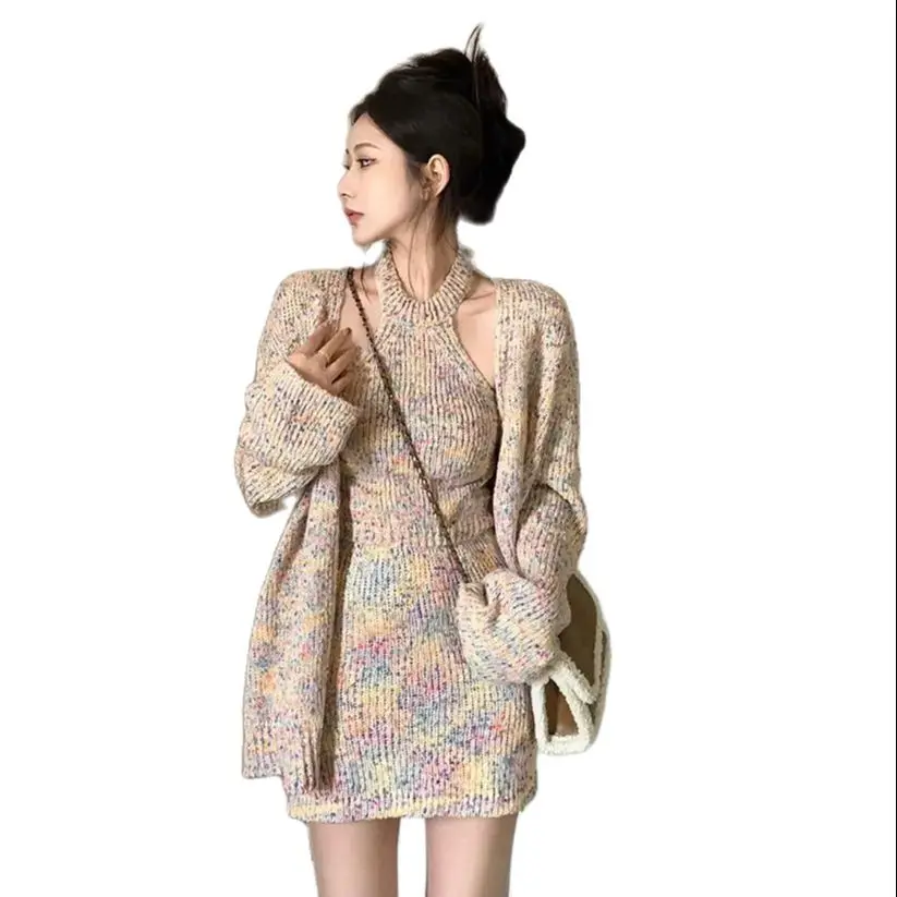 Knitted Sweater Jacket Halter Neck Vest Mini Skirt Three-Piece Women High-Waist Hip-Hugging Sexy Hottie Suit