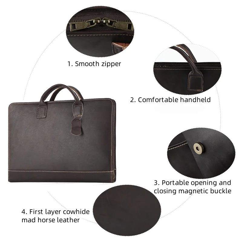 Leather computer bag business 15.6-inch handbag Crazy Horse leather multi-functional high-end briefcase Office and School Suppli