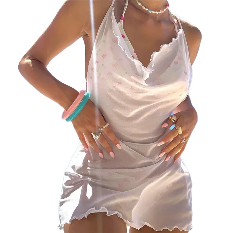 

Sexy Women Beach Cover Up Halter Dress Solid Color See Through Sleeveless Backless Bandage Mini Dresses Summer Sundress