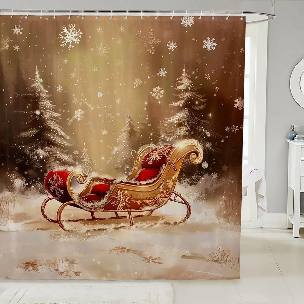 Vintage Santa Claus Sleigh Christmas Shower Curtain with Snowflake Design, Waterproof Rustic Xmas Bathroom Decor for Holiday