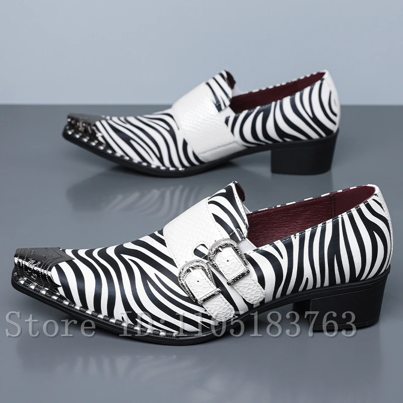 

Men Zebra Striped Print Pointed Toe Dress Shoes Double Buckle Metal Tip Banquet Wedding Nightclub Party Fashion Loafers