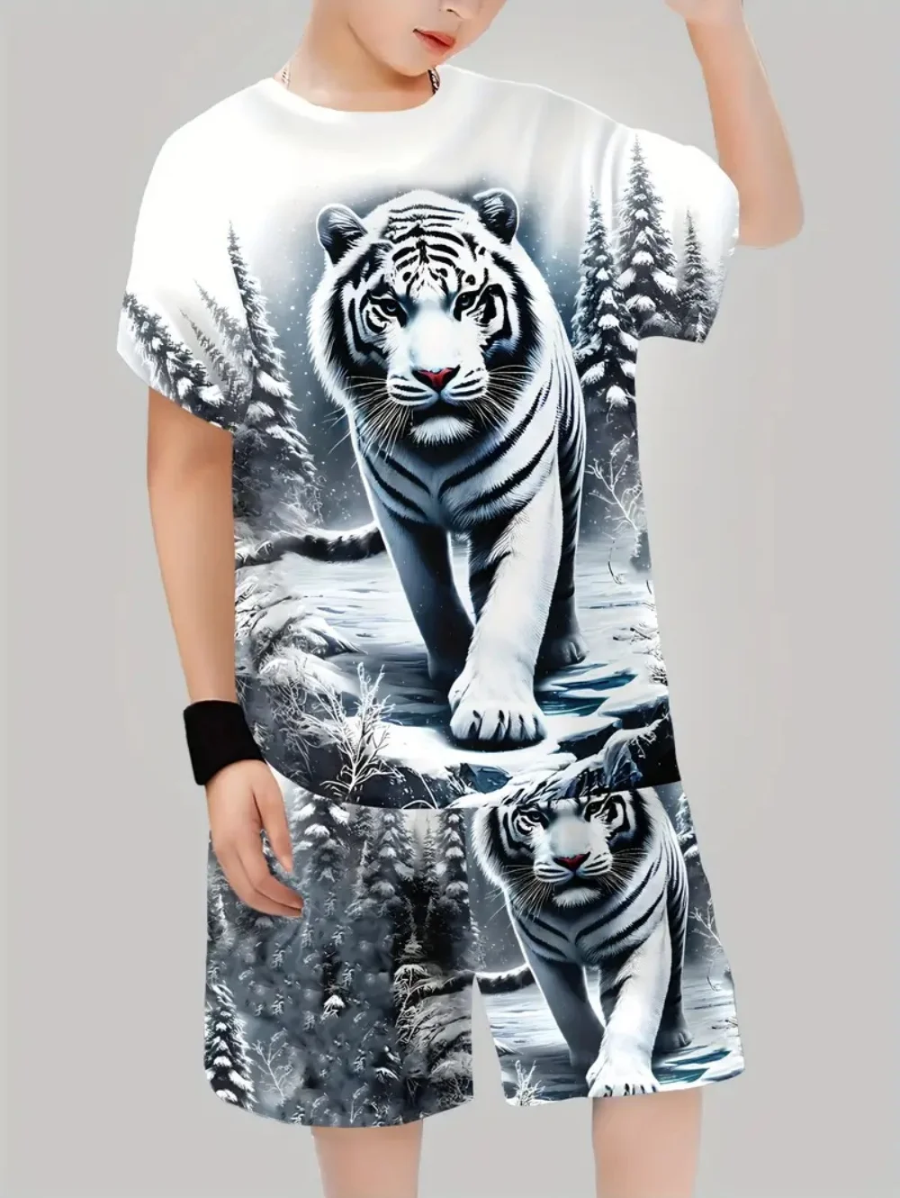Children's Set Cool Tiger Wolf Lion Print Summer Short Sleeves Fashion Comfortable Boys Suit Outdoor Trendy Children's Clothing