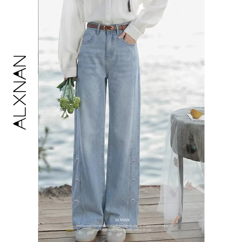 

ALXNAN Women's Blue Straight Jeans High Waist Bow Embroidery Baggy Denim Pants 2026 Spring Elegant Long Pants Female L61360A