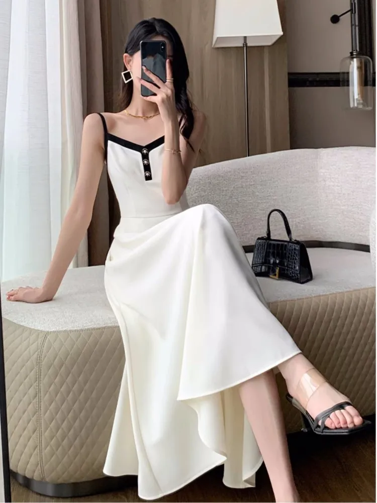 Elegant Solid Midi Dress 2 Piece Set Office Lady Chic Suit Spring Short Jacket Sleveless A-line Dresses Outfits Korean Clothes