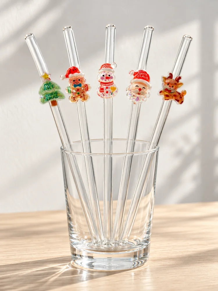 5PCS Glitter Christmas Tree Gingerbread Man Snowman Santa Reindeer Glass Straws Bend Reusable Clear Drinking Straws Coffee Juice