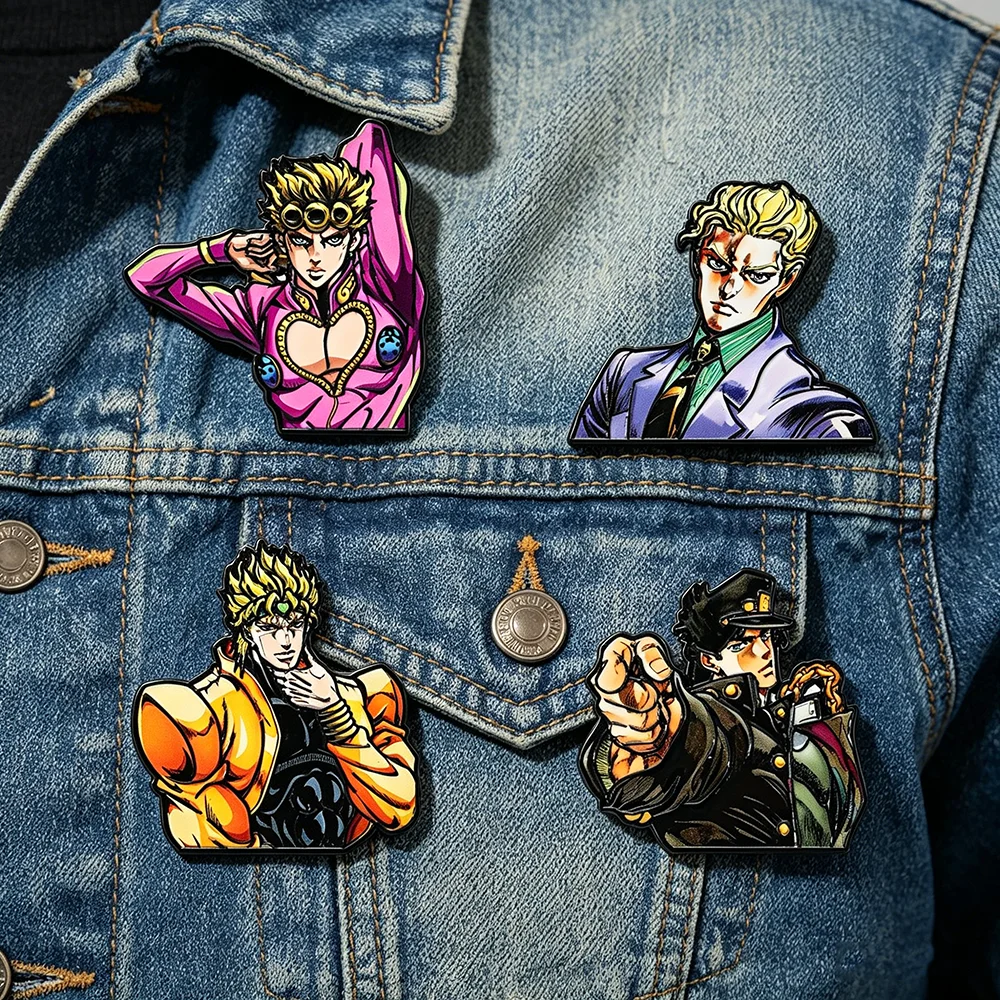 4pcs Japanese Manga Enamel Pin Set Cool Kira Dio Jotaro Lapel Badges for Backpack Clothing Accessories Fashionable Jewelry Gift