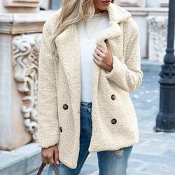 European and American Autumn and Winter Plush Splicing Coat, Solid Color Double Breasted Lapel Long-sleeve Casual Coat Women