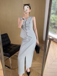 High Quality Korean Office Lady 2 Piece Set Women Short Vest + Long Skirt Sets Lady Summer Vintage Fashion Two Piece Suits