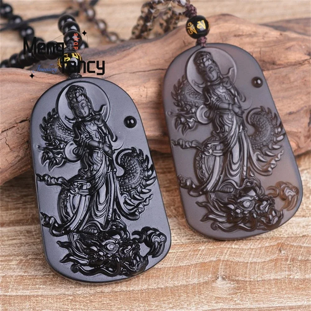 

Natural Black Obsidian Guan Yin Dragon Pendant Retro Charms Fashion Fine Jewelry Men Women Necklace Amulets Luxury Holiday Gifts