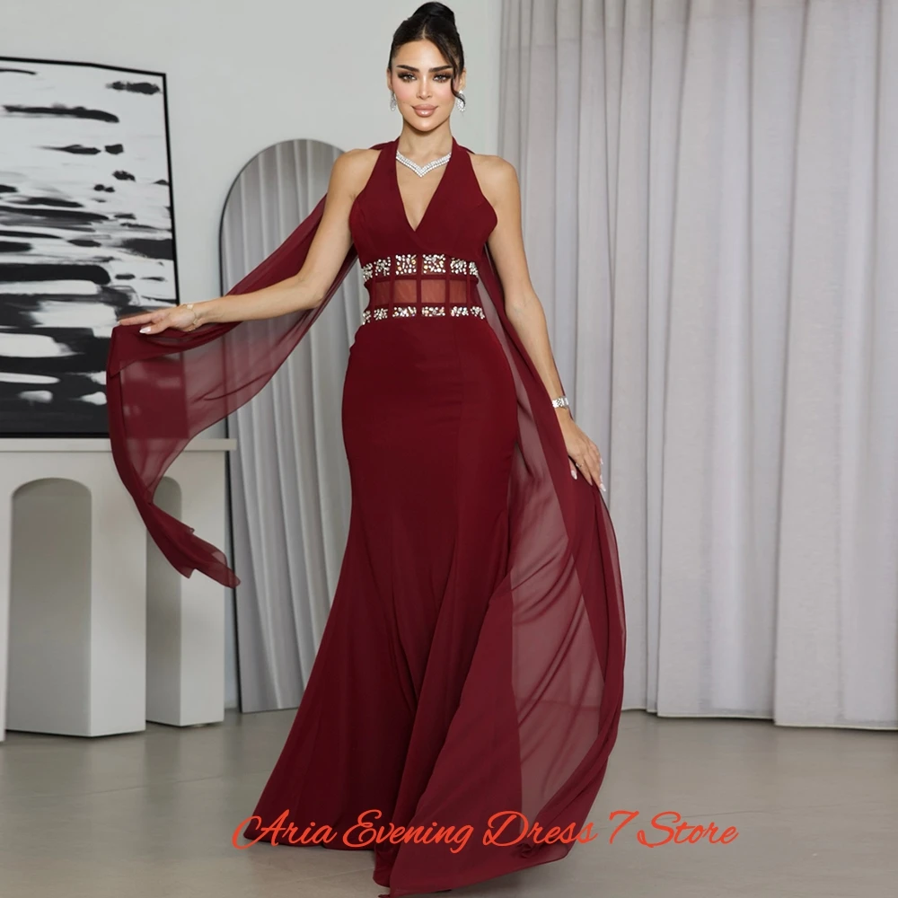 Vestidos De Noche sencillos De gasa color Burdeos, Vestido largo De sirena con cuello en V para graduación, Vestido De fiesta Watteau De cristal De alta calidad