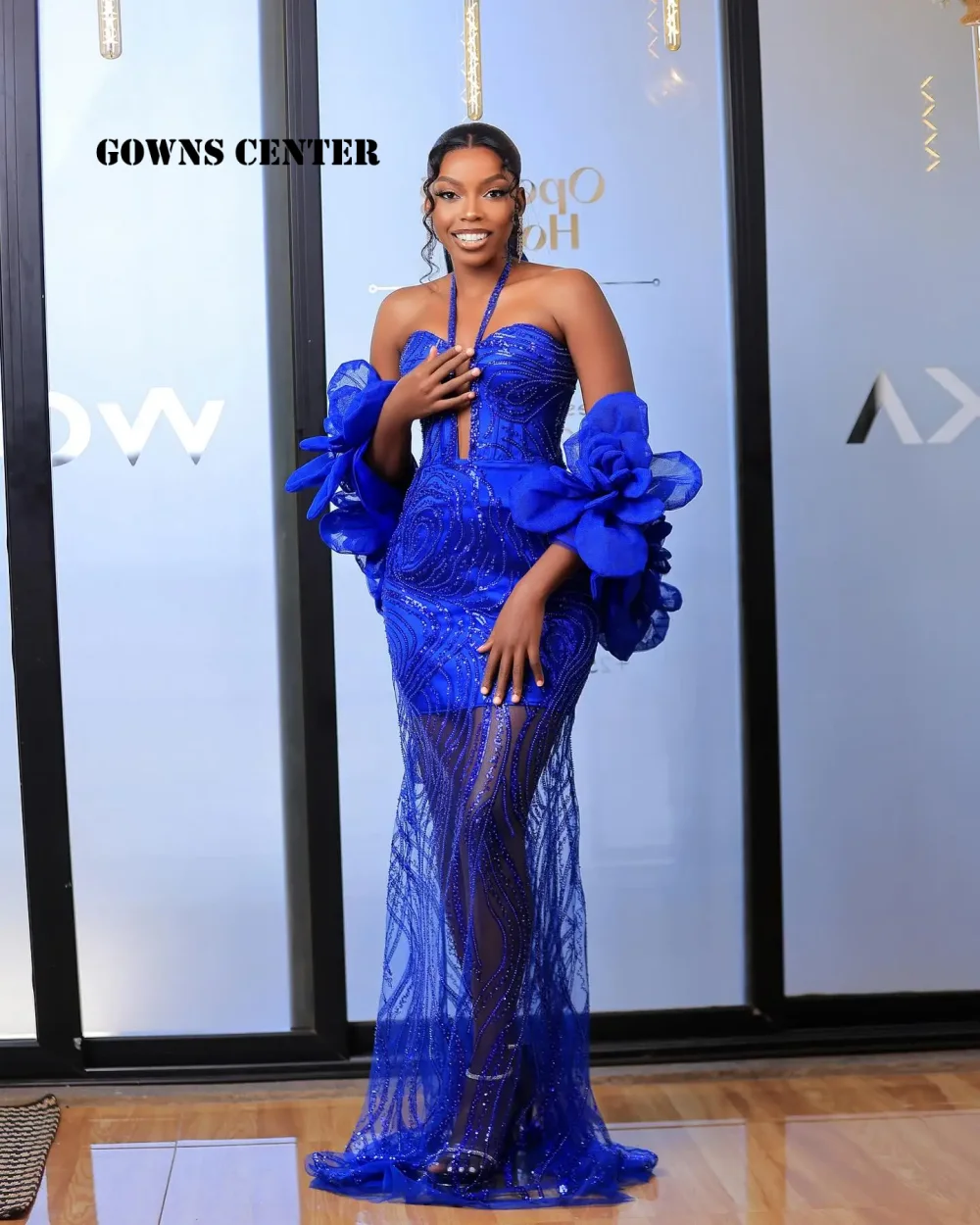 

Роскошные вечерние платья King Blue с лямкой на шее и русалкой в форме сердца Aso Ebi для свадьбы, 2026 платье для выпускного вечера с цветочными рукавами, элегантное платье по индивидуальному заказу