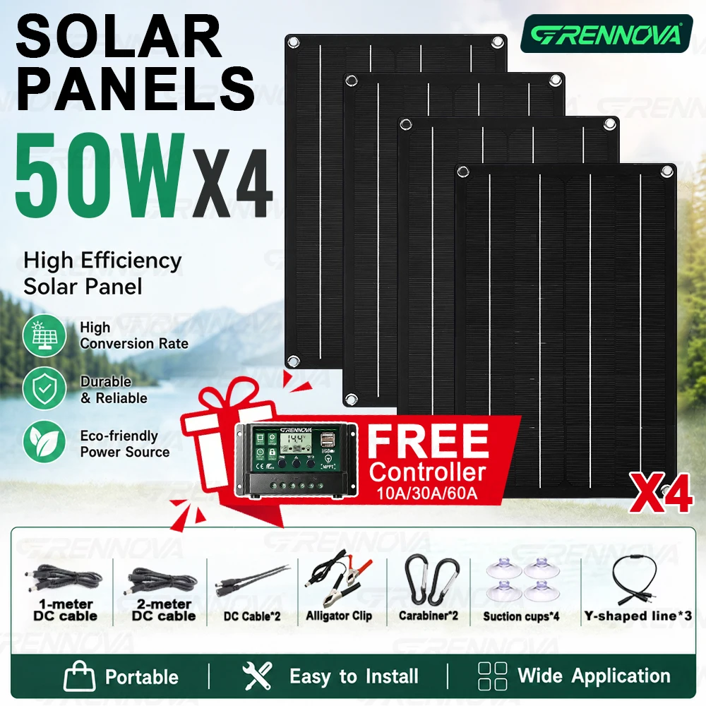 50W Solar Panel 1-4PCS Waterproof GRENNOVA Free 60A Controller Dual USB DC for Street Stall RV Car Camping Outdoor Off Grid Use