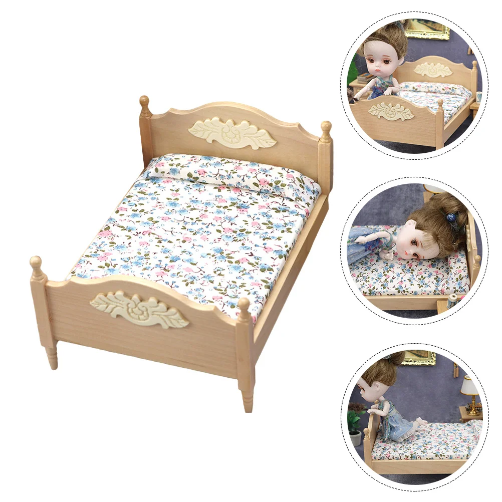 Mini Double Bed Model Toy House Furniture Bedroom Simulation Wooden Miniature for Kids