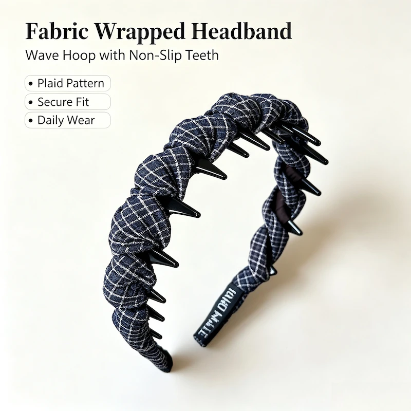 Non-Slip Teeth Plaid Headband Women Wave Hair Hoop Fabric Wrapped High Crown Versatile Early Autumn Hair Accessory for Updos