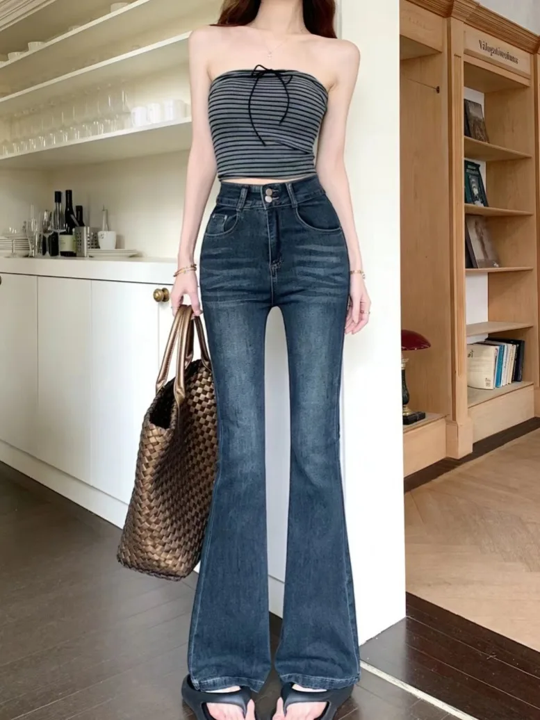 

Retro American Style Bell Bottom Denim Jeans Women's High Waist Slimming Washed Elastic Blue Jeans Summer Fashion Ladies' Pants