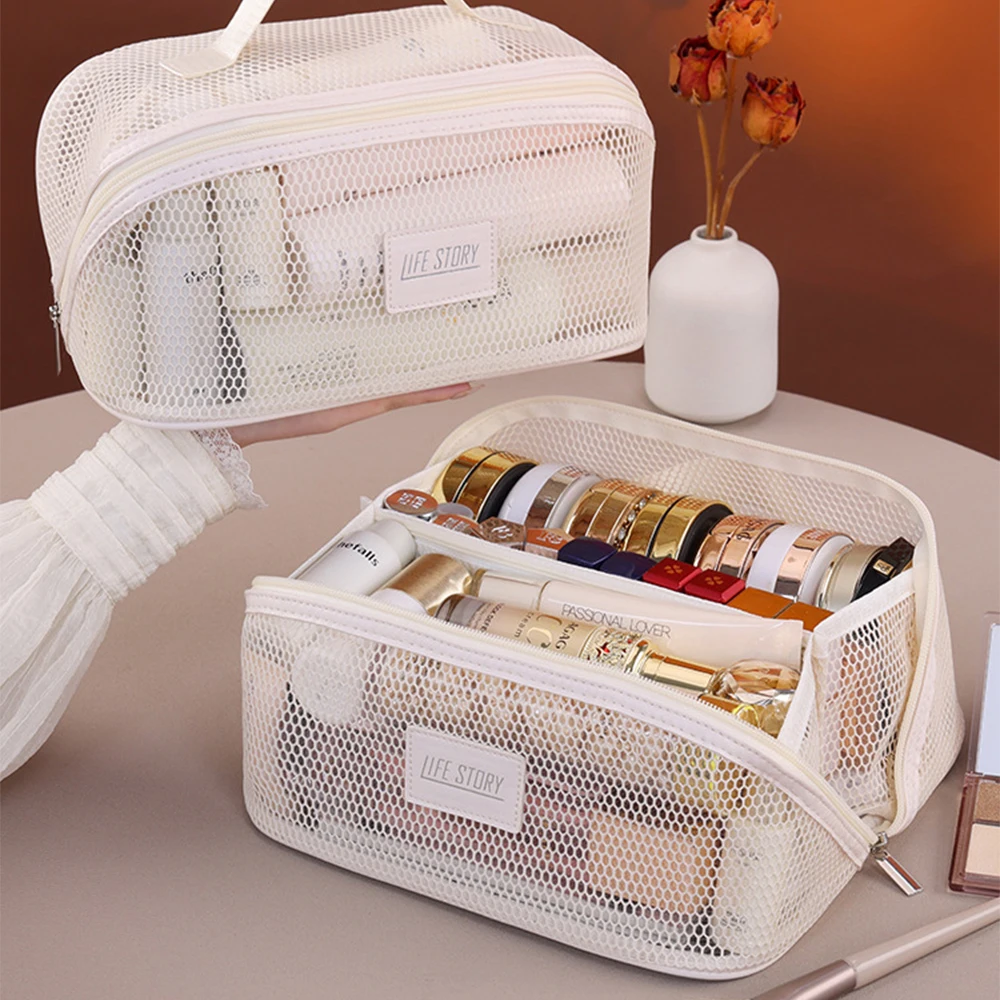 1PC Mesh Visible Makeup Bag, Large Capacity Handheld Toiletry Bag, Travel Cosmetic Storage Pouch Portable Beauty Organizer