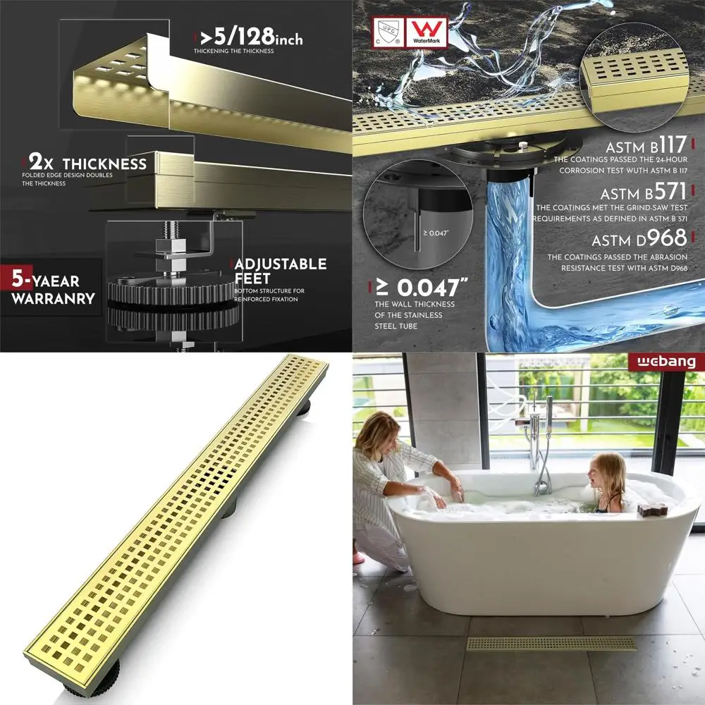 

24 Rectangular Linear Shower Drain with Square Pattern Cover in Brushed Gold Stainless Steel, CUPC Certified