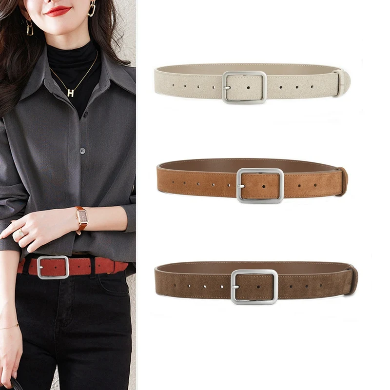 

Female Belt Square Pin Buckles Genuine Leather Belts 1.3 Inch Women Silver Buckle Leather Belts Retro Classic Waistbands New