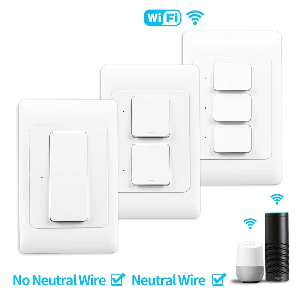 WiFi Smart Wall Light Switch No Neutral Wire Push Button Physical Remote Control Light Switches US/AU Work for Alexa Google Home