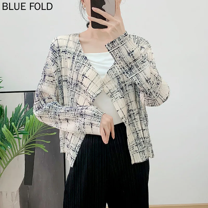 MIYAKE Versatile Cardigan Pleated Top Printed Shawl Thin Jacket Air Conditioning Outerwear Sunscreen Shirt Spring and Summe