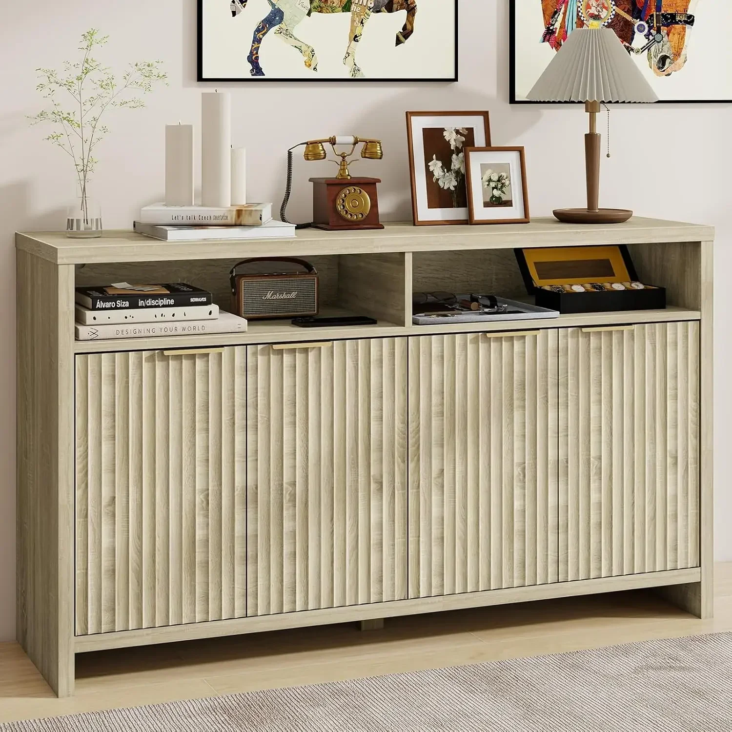 Storage Cabinet, Fluted Sideboard Buffet , Wooden Buffet Cabinet with Storage, TV/Coffee Bar Cabinet Console Fits Kitchen