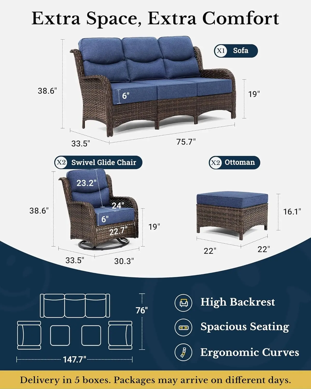 Luxury Outdoor 5-Pieces High Back Patio Furniture Set with 6'' Thick Cushions, 3-Seater Sofa with Swivel Rocker Chairs