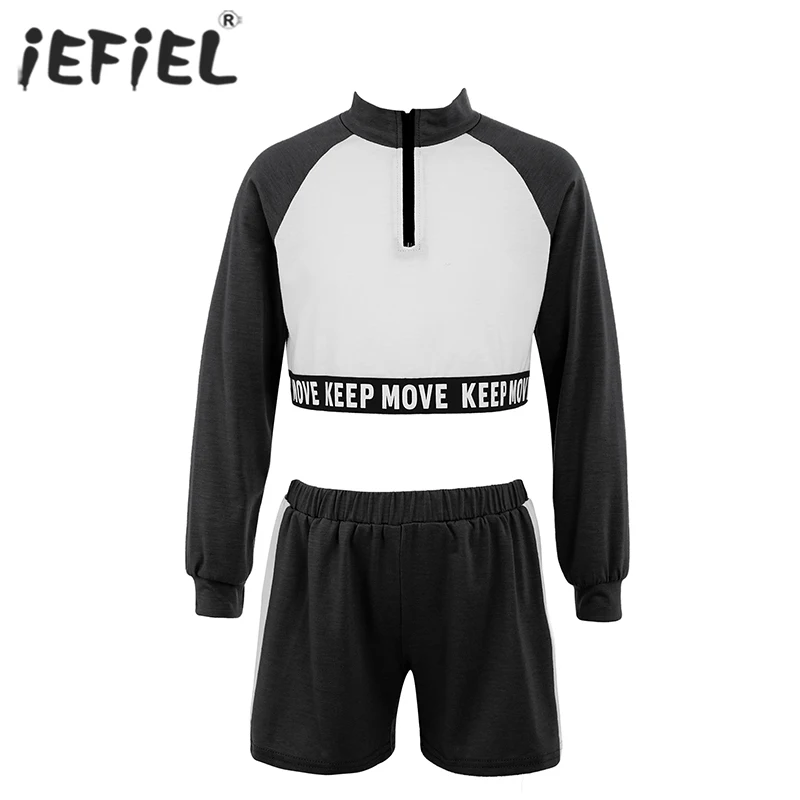 

Girls Long Sleeve Casual Sports Costume Set Zipper Letter Print Crop Top with Elastic Waistband Shorts Spring Outdoor Sportswear