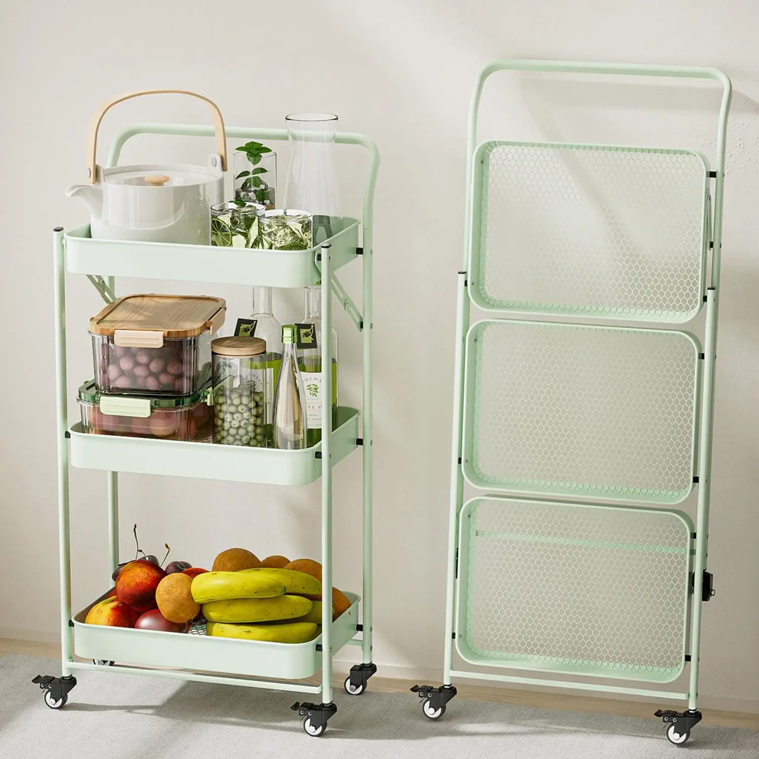 

Foldable Rolling Cart, 3-Tier Metal Storage Utility Organizer with Wheels for Kitchen Living Room Pantry Bathroom - Green