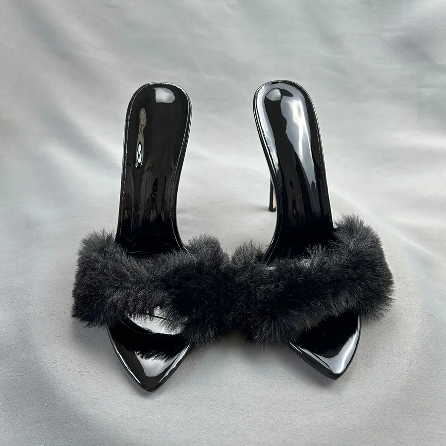 Customize Women Sexy Black Fur Pointy Toe Slipper Women\'s High Heels Sandal Stilettos OL Work Ladies Dress Shoes Plus Szie 45 46