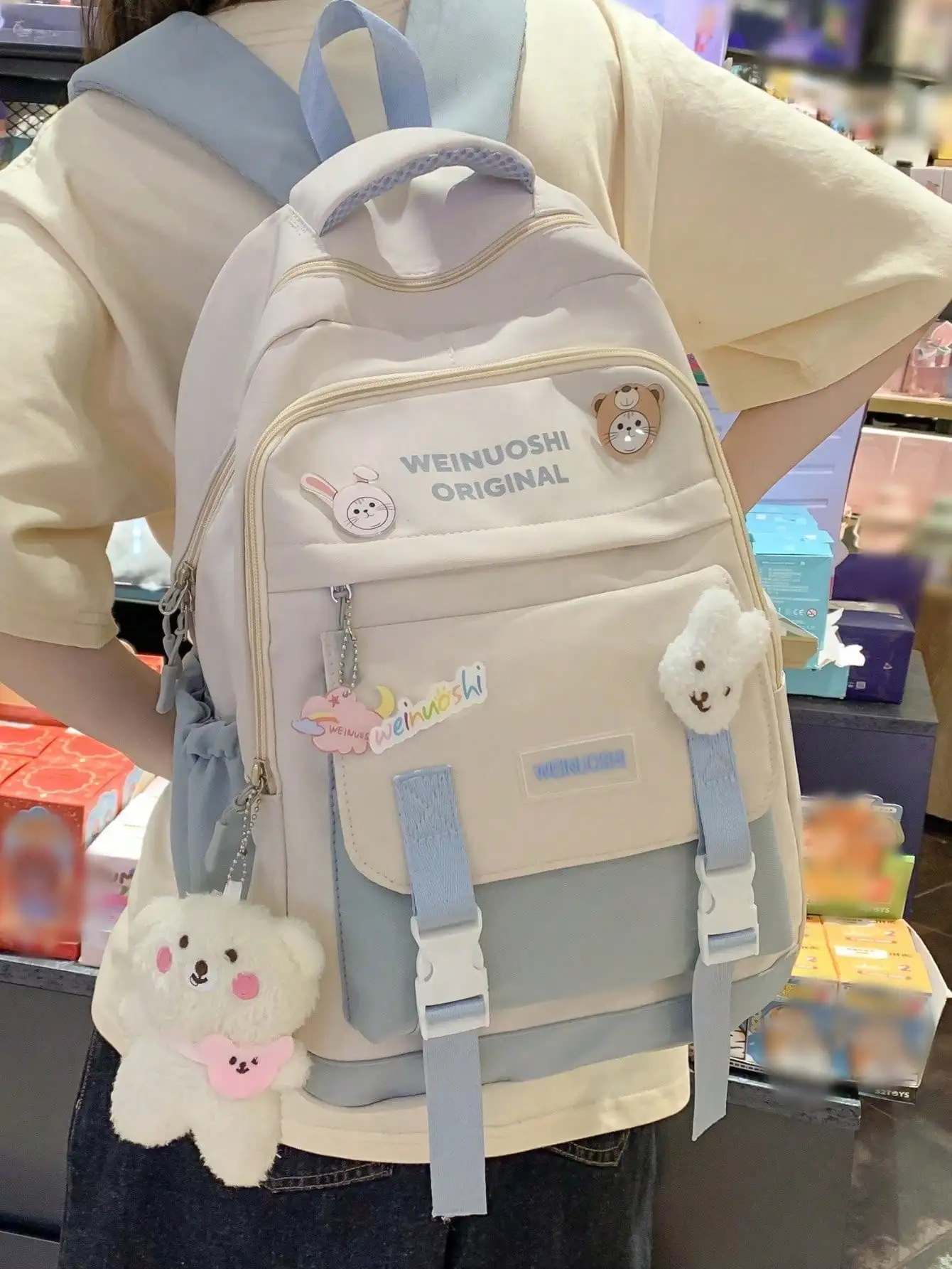 Letter Graphic Classic Backpack With Cartoon Charm Preppy Badge Decor For School sg2406132518284260