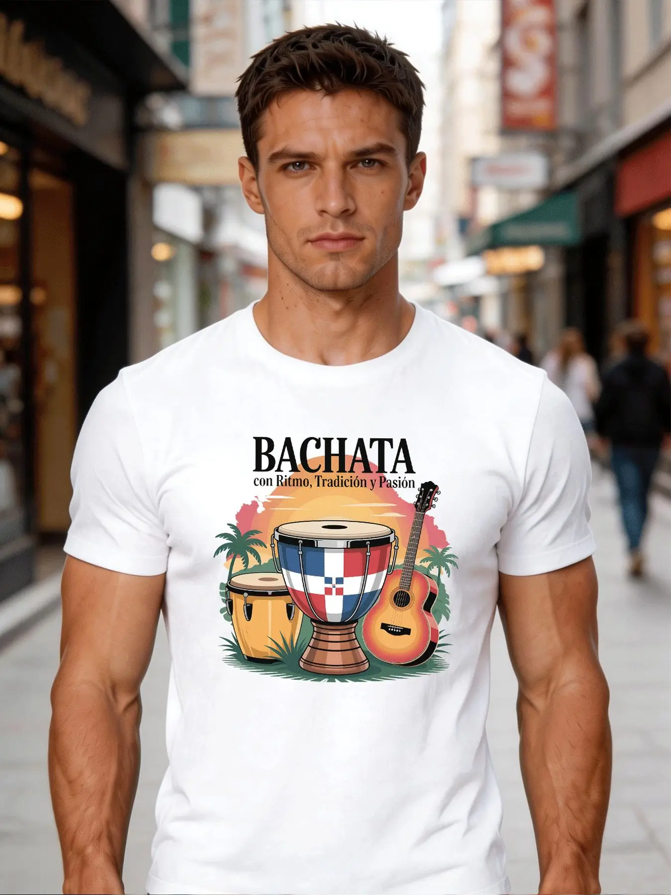 Men Black Crew Neck Tee Bachata Text Dominican Flag Conga Drum Guitar Palm Tree Tropical Latin Dance Music Casual Cotton Tops