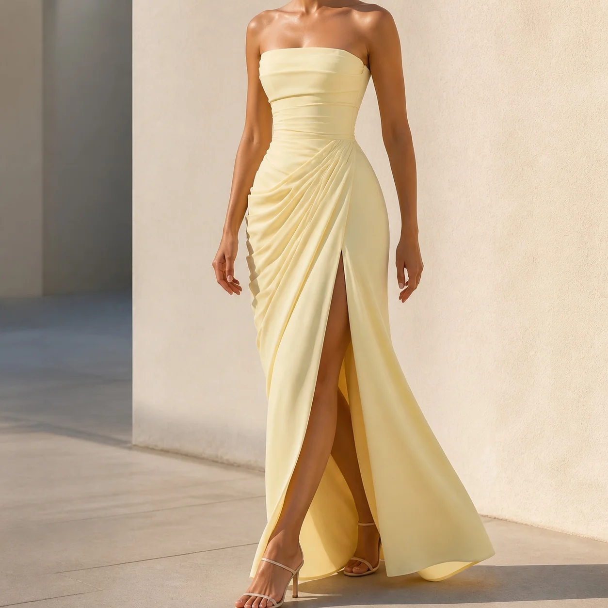 Women's Elegant Pleated Off Shoulder Long Slit Bodycon Dress for Wedding Guest Summer Party Wedding Party Guest Wedding Event