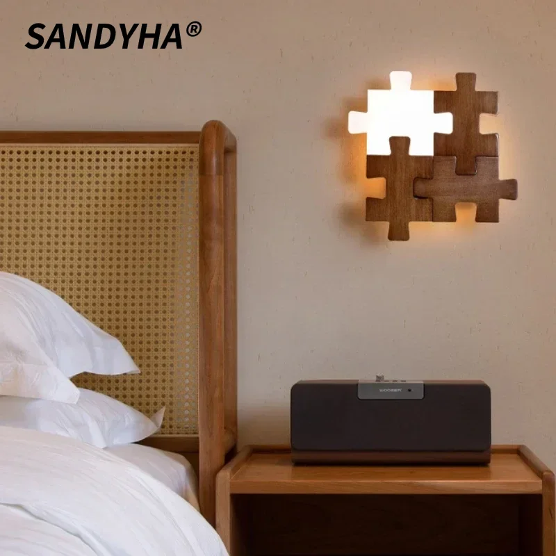 SANDYHA Creative Wall Lamp Minimalist Walnut Background Light Chandelier LED Lighting Fixture Bedroom Bedside Hallway Home Decor