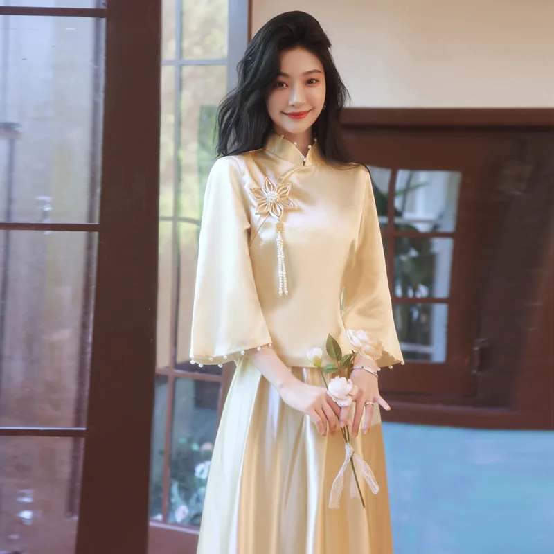 

Champagne Bridesmaid Cheongsam Luxury Satin Wedding Dress New Chinese Style Cheongsam Women Elegant Qipao Long Vestidos