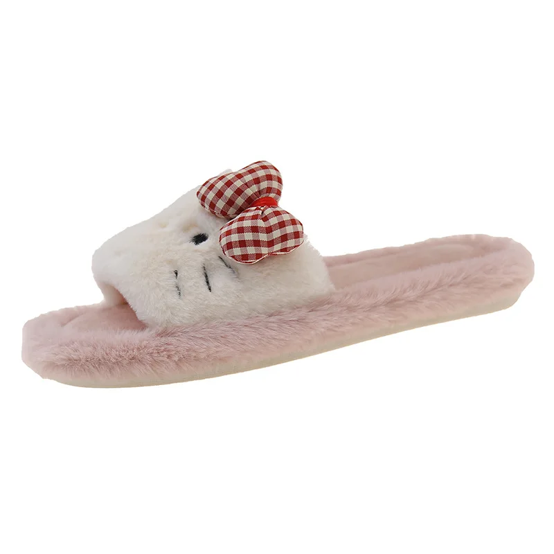 شباشب منفوشة على شكل قطة كرتونية KT لدفء الخريف والشتاء للسيدات، شباشب قطنية بفتحة على الأرض #5