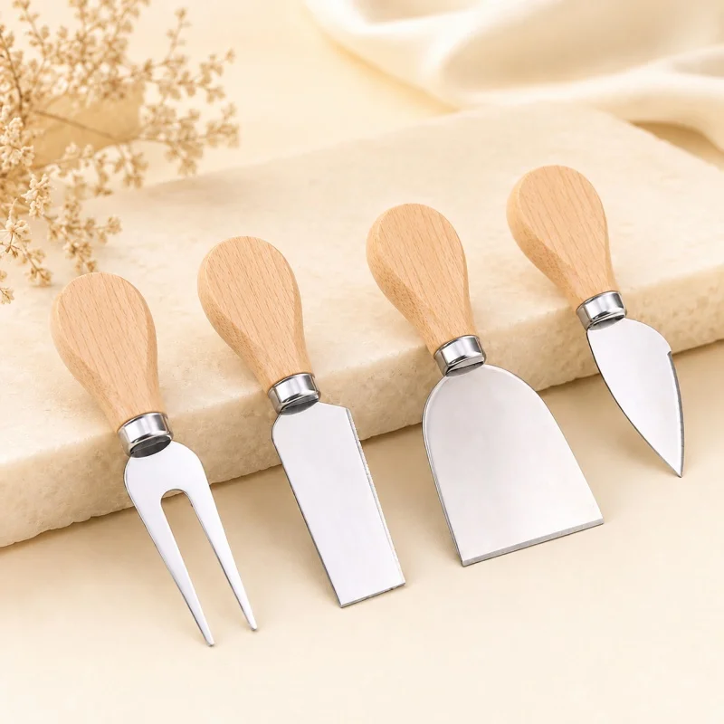 4‑Piece Cheese Knife Set Stainless Steel Cheese Slicer Cutter Fork Spatula with Wooden Handle Butter Cutter Kitchen Gadget
