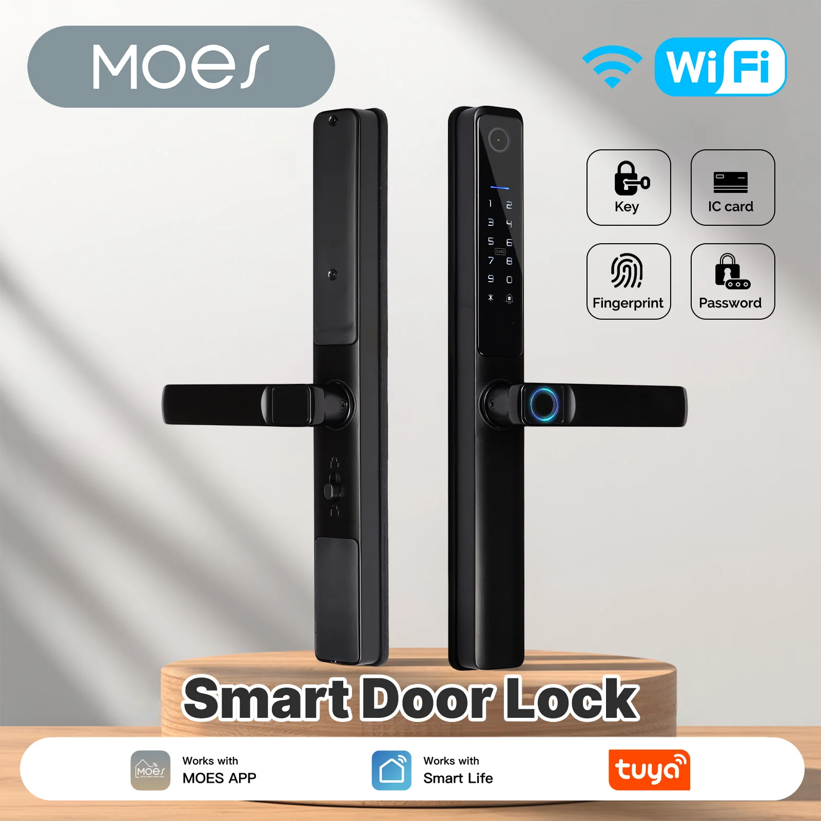MOES Tuya WiFi Smart Door Lock Electronic Indoor Remote Fingerprint Password IC Card Unlocking Battery Powered Hotel Apartment