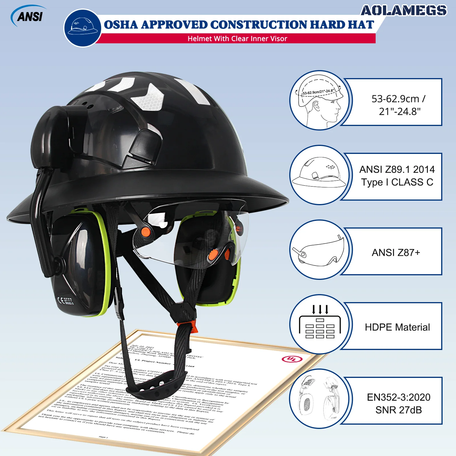 CE Full Brim Hard Hat W/ Built In Goggles Earmuffs Reflective Stickers ANSI Safety Helmets Construction Site Engineer Work Cap