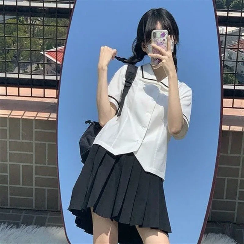 Jk Uniform Women's New Summer Navy Style Cropped Slimming Shirt Top Versatile Japanese School Uniform Sleeves Pleated Skirt