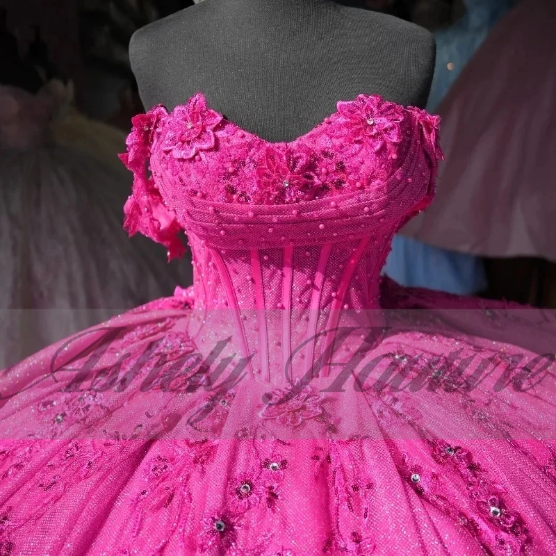 Personalizado de alta qualidade real fúcsia quinceanera vestidos 15th menina flor applique vestido de baile feminino baile ocasião festa de casamento