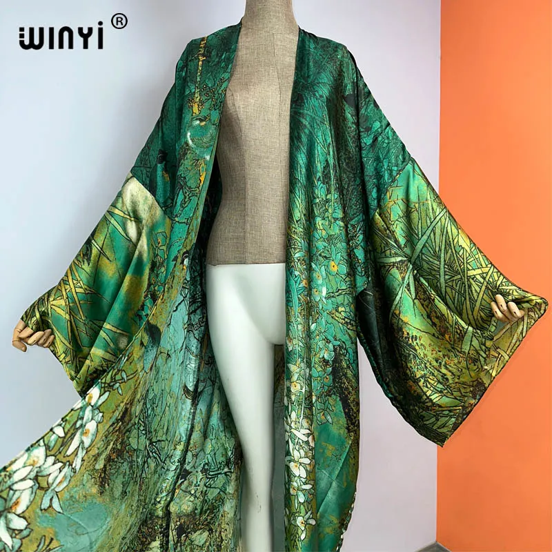 WINYI nowy moda artystyczna drukowane długie Kimono sukienka 2023 lato odzież kobiety wakacje plaża nosić narzuta na strój kąpielowy kaftan