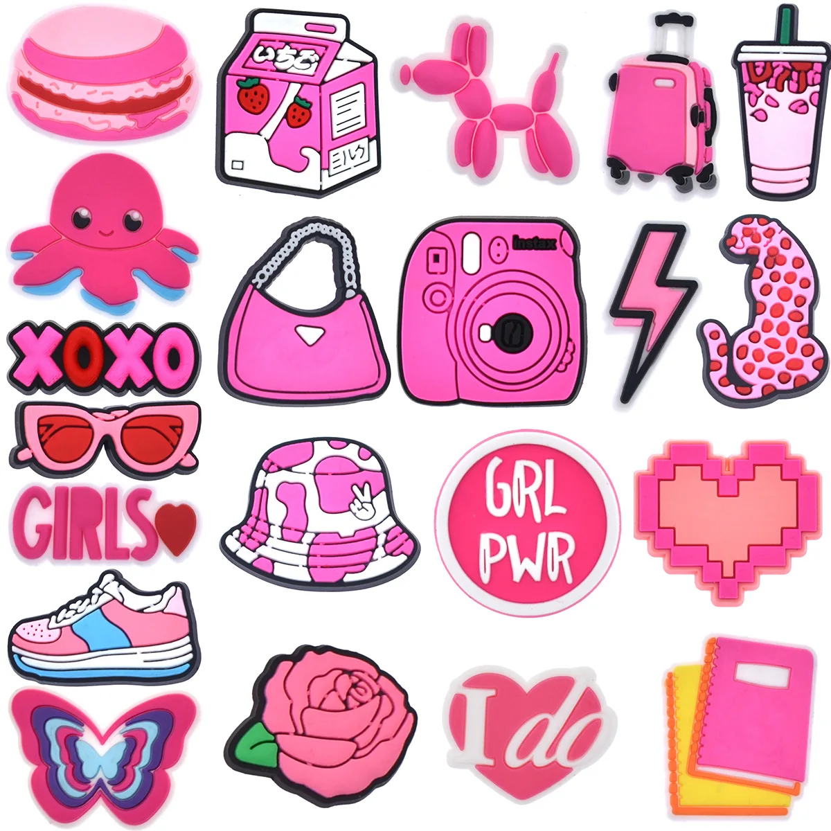 Saco rosa câmera lotes pvc sapato encantos chinelos fivela combinação caber pulseiras acessórios decoração bandas presente unisex festa