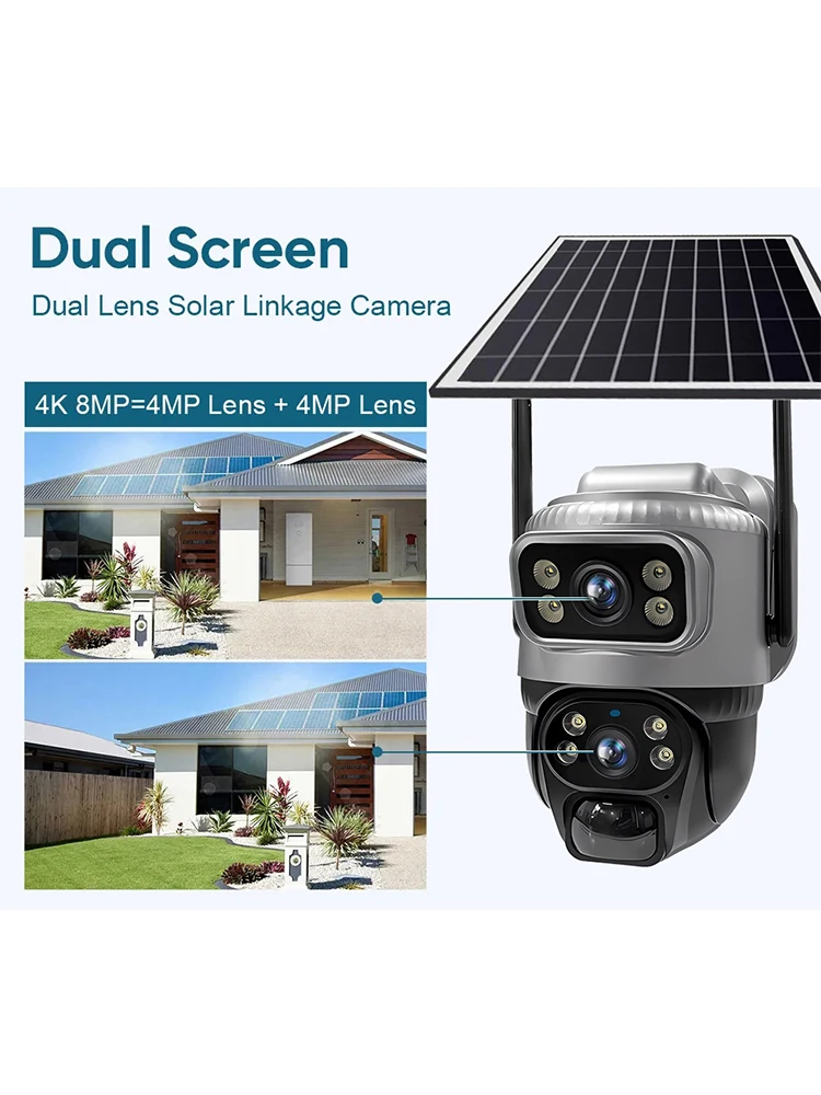 4G Solar-Kameras mit Doppellinse, Smart Home Sicherheitsschutz, HD Farbnachtsicht, 360° Auto-Tracking, Alarm-Push, SIM-Karte, Kabellose IP CCTV Solar-Kamera