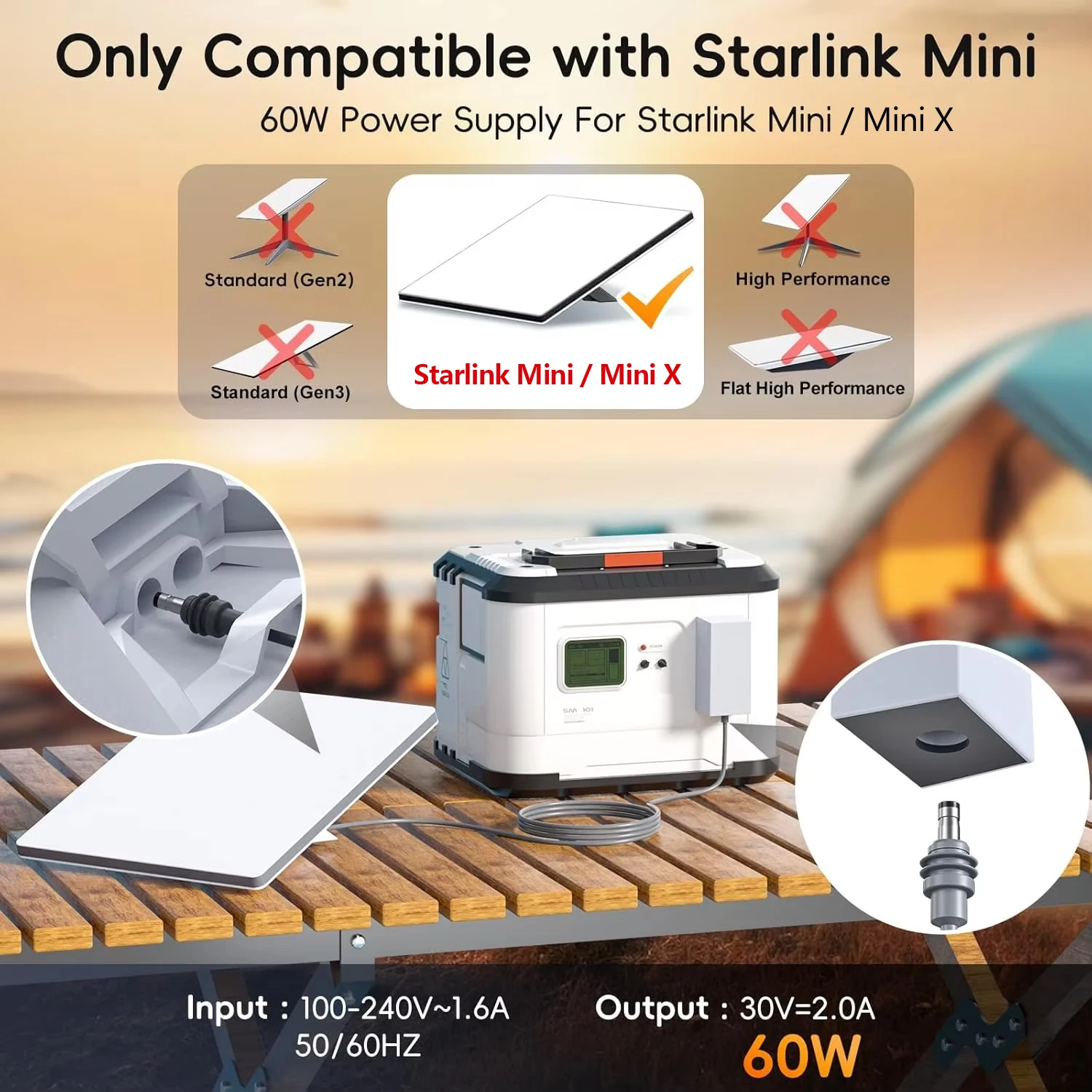 Starlink Mini/Mini X Charger 60W Replacement Power Supply AC Adapter 30V 2A Output Charger Plug for Mini Dish US Plug，EU Plug