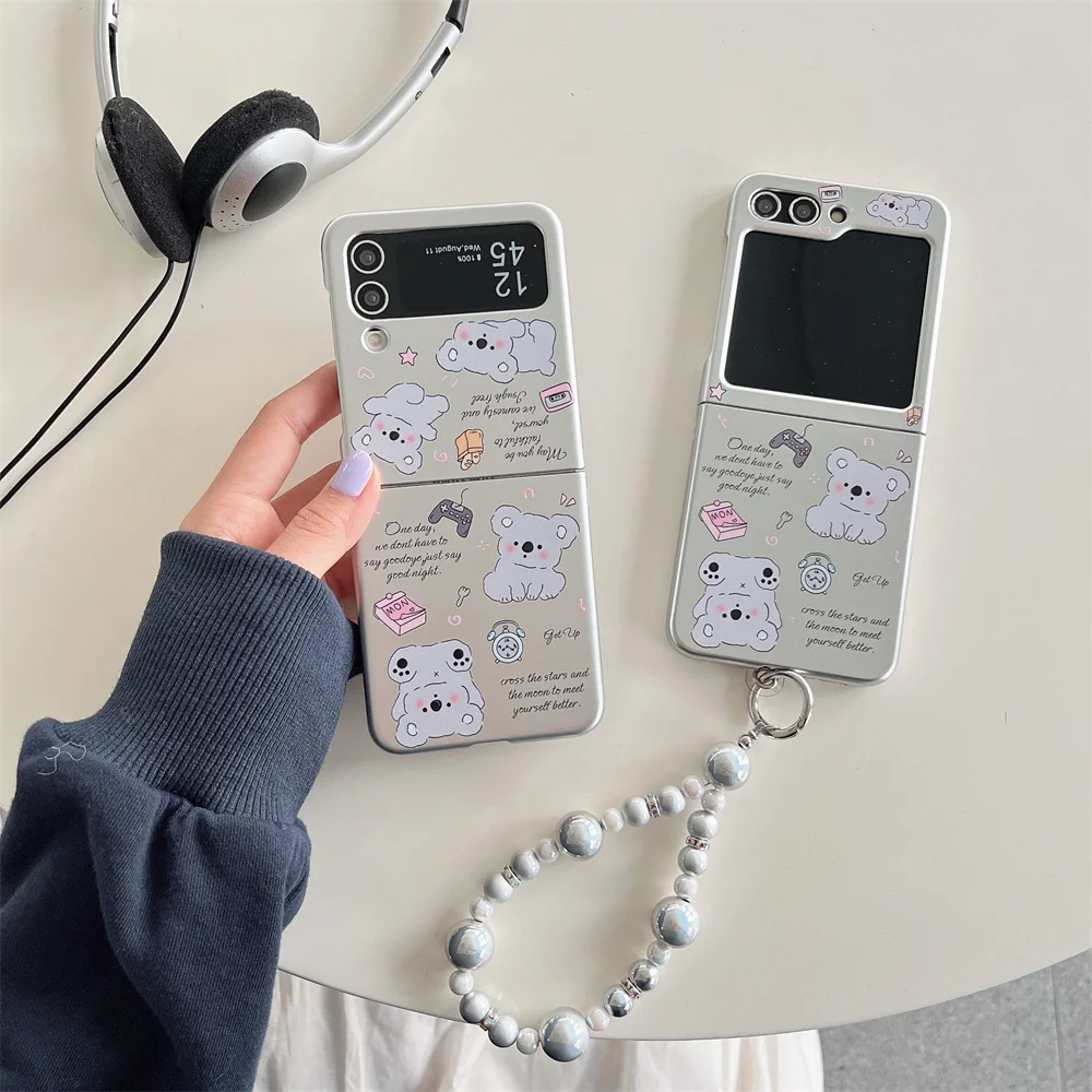 Cute Koala Bracelet Chain Phone Case for Samsung Z Flip5 5G Z Flip4 Zflip5 Zflip4 Z Flip3 flip 5 Plating Silver Cover Shockproof