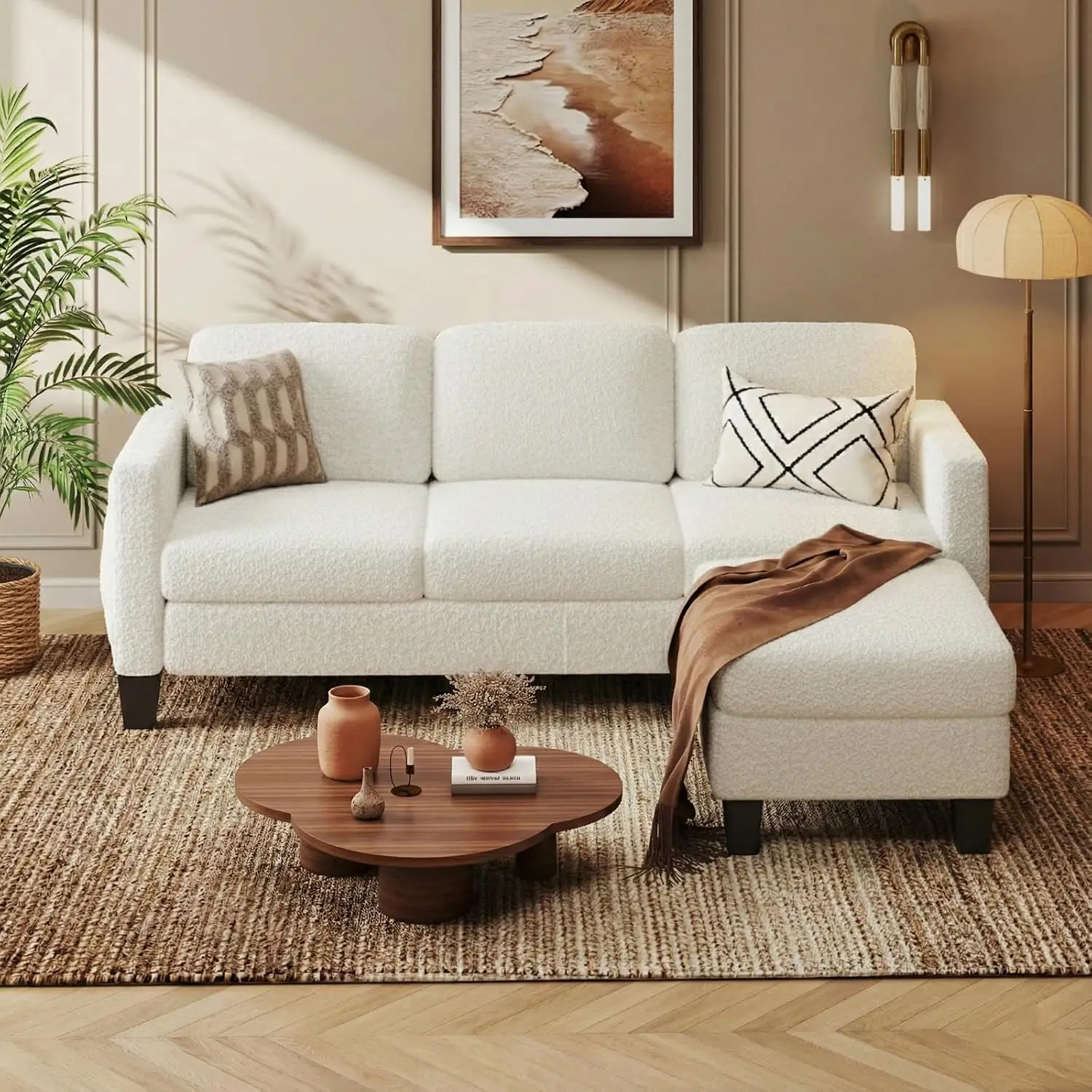 L-Shaped Sectional Sofa Reversible Chaise Modern Boucle Upholstered Spring Cushions Corner Living Room Apartment Small Space, Cu