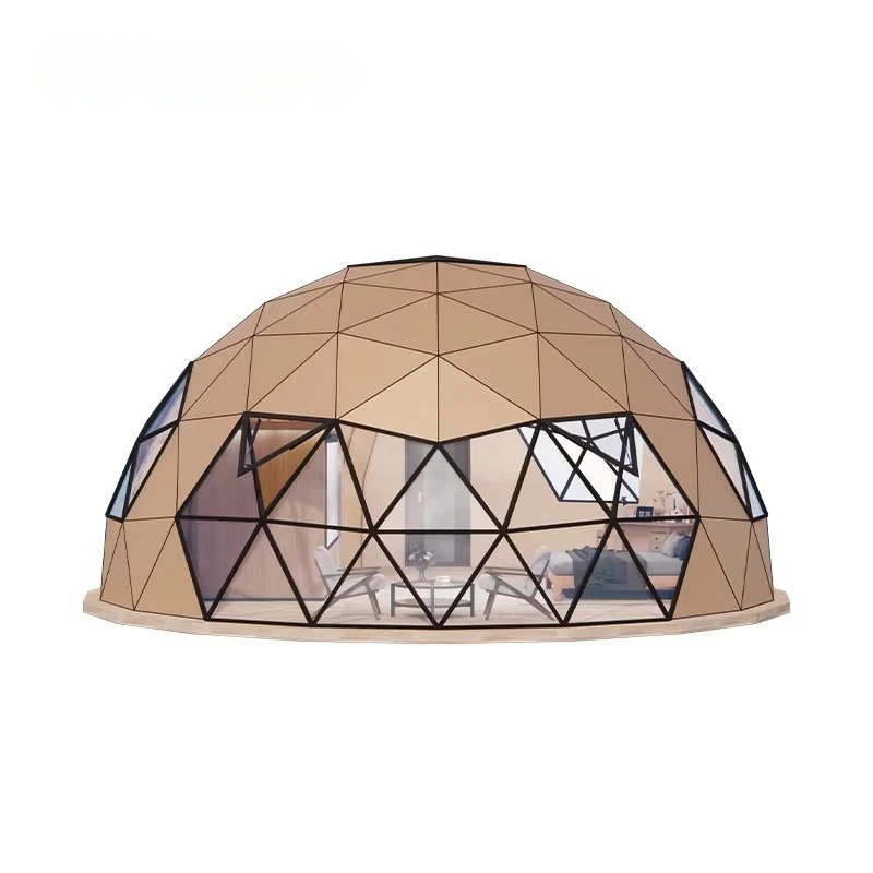 5-15m All-Season Windproof Rainproof Geodesic Dome Tent Igloo Glamping with Stove Bathroom Wood Deck and Loft for Camping