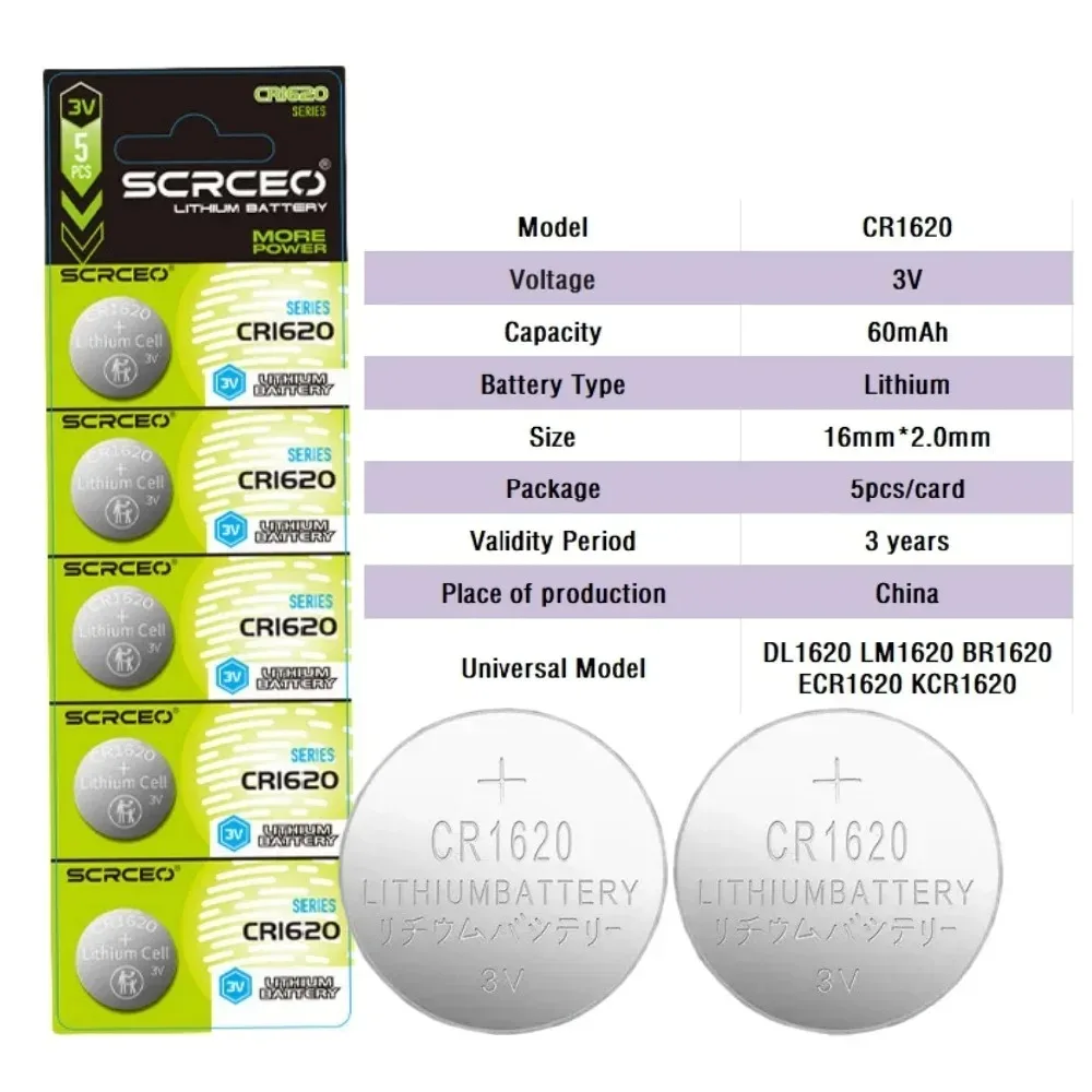 5-100PCS 3V CR1620 Lithium Button Battery DL1620 BR1620 Compatible for Watch Key Fob Calculator Car Remote Remote Control Toys